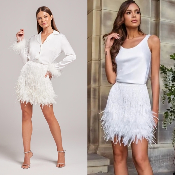 Nadine Merabi Sara Beaded Fringe Feathered Skirt Size M/6 - Picture 10 of 13